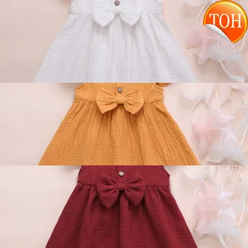 

2020 Princess Toddler Kids Baby Girl Dress 1-6Y Solid Linen Button Ruffle Sleeve Turn Down Collar Bow Party A-Line Dress Clothes