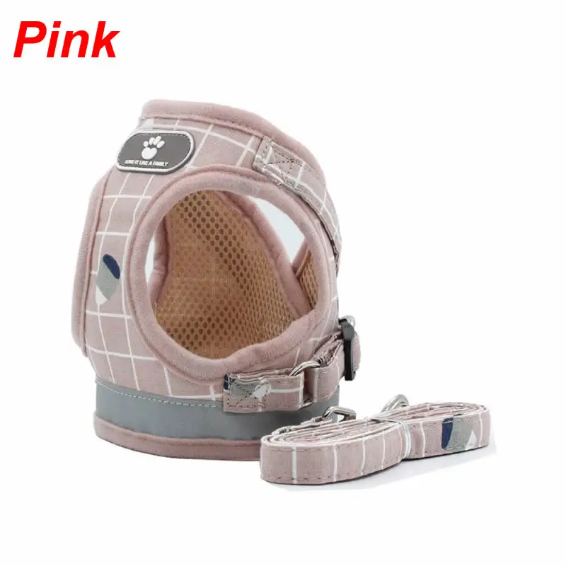 Pink Костюм для домашних животных, поводок для собак, Регулируемый жилет, светоотражающий мягкий дышащий клетчатый ошейник для щенков, для маленьких, средних и больших собак - Цвет: Pink