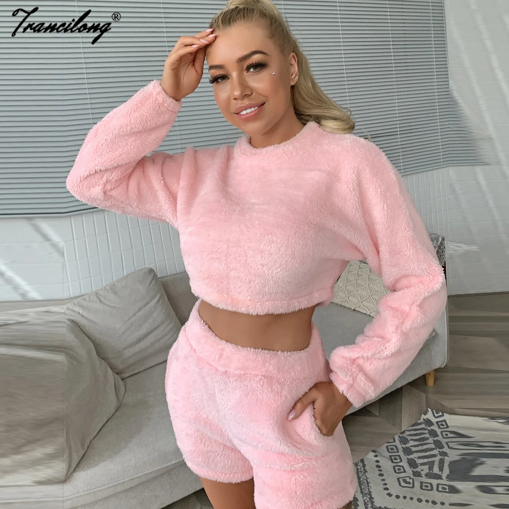 

Oversize Cropped Top Lounge Wear 2 Piece Shorts Sets Soild Long Sleeve Soft Tracksuit Women Winter Cotton Warm Oufits Clothing