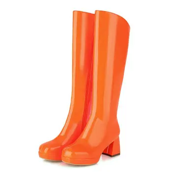

Rainbow Colors Women Knee High Boots Fashion Platform Thick High Heel Women Boots Zipper Ladies Winter Shoes Patent PU Leather