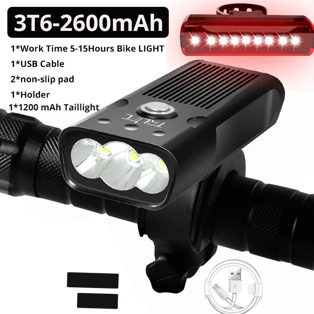 10000mAh Bike Light USB Rechargeable 5000 Lumens Bike Headlight 6T6 LED Super Bright Flashlight Front Lights and Back Rear light 2600mAh with Rear