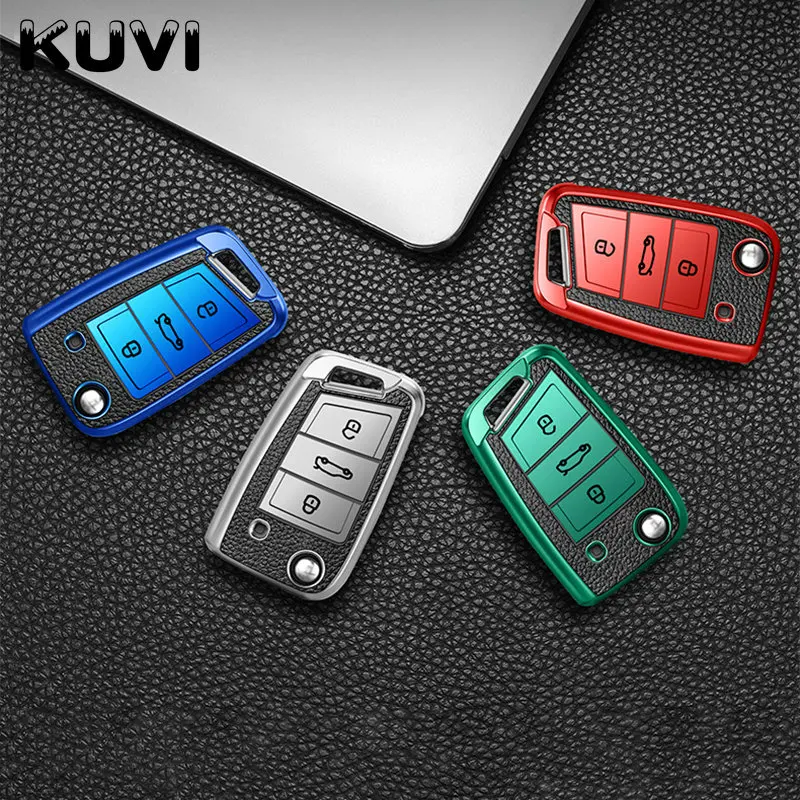 가죽 + TPU 자동차 키 케이스, 접이식 원격 고리 커버 키 체인, 폭스 바겐 MK7/GTI 7/골프 7/골프 R 스코다 옥타비아 A7 용