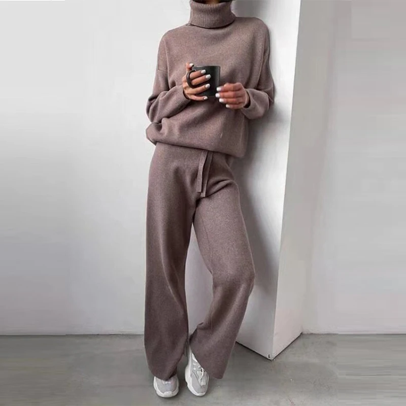 Women Sweater Suit Autumn Turtleneck Pullover Two Piece Set Casual Solid Loose Sweater and Long Pants Tracksuit Female Outfits