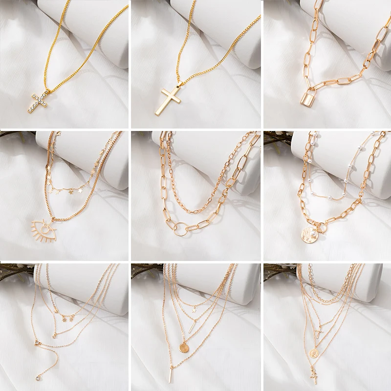 Collar con colgante de Cruz de Luna y cristal multicapa para mujer, cadena de acero inoxidable Vintage, Collar de joyería para mujer 2020
