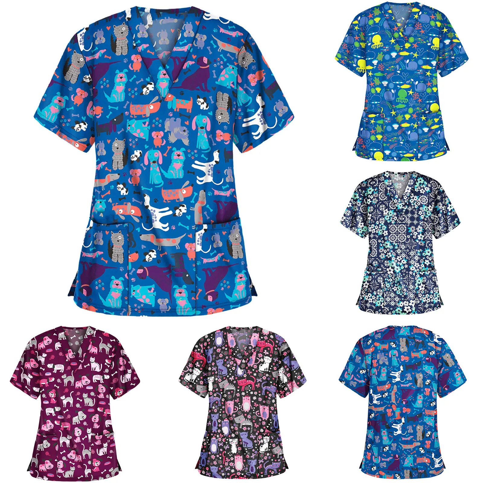 Women Working Uniform Animal Print Cartoon Cat Dog Short Sleeve V neck