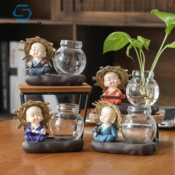 

Stongwell Traditional Little Monk Buddha With Straw Hat Flower Pot Decoration Ornament Transparent Glass Hydroponics Vase Crafts