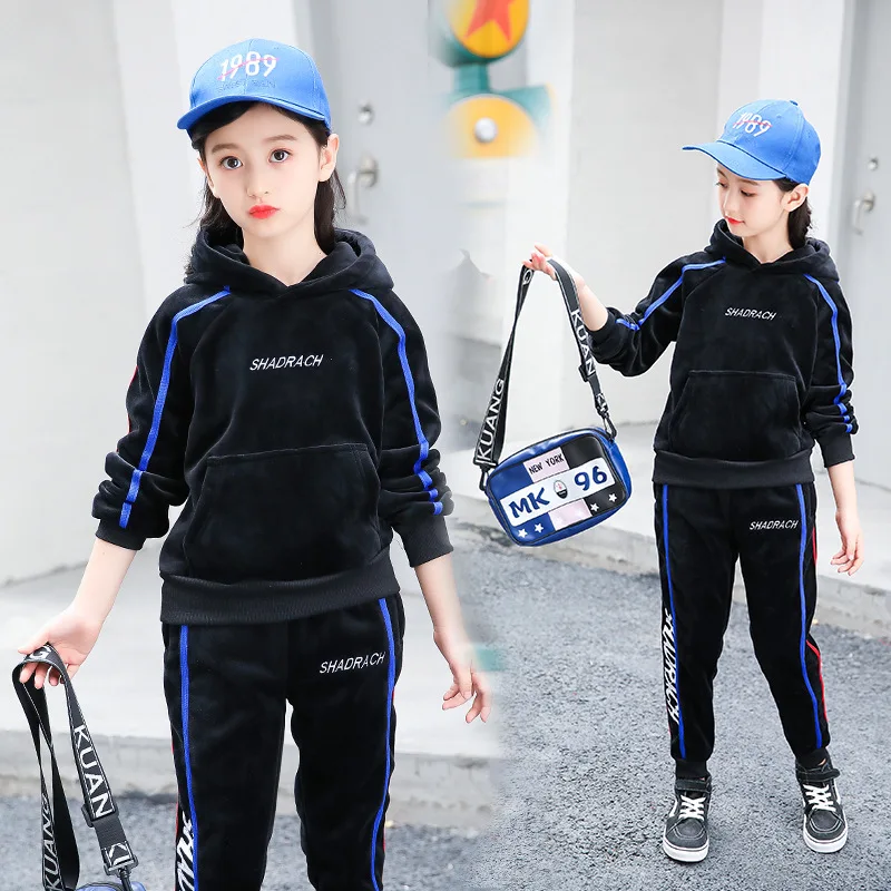

Childrenswear 2018 Autumn New Style Girls Big Boy Korean-style Webbing Hooded Double-Sided Gold Velvet Set