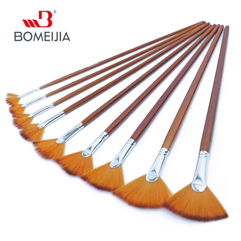 9Pcs/Set Fan Artist Paint Brushes Set Anti-Shedding Nylon Hair Wood Long Handle Paint Brush for Acrylic Watercolor Oil Painting