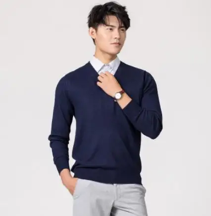 navy blue v-neck Кашемировый хлопковый мужской свитер осень-зима, трикотажное платье-свитер hombre pull homme hiver, мужской пуловер с круглым вырезом, вязаные свитера - Цвет: navy blue v-neck