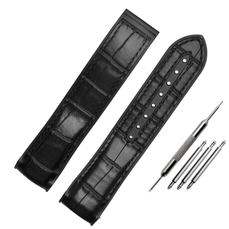 genuine leather watch bracelet 20 22mm bottom silicone watch strap Suitable for omega watchband folding clasp wristwatches band - Цвет ремешка: black no buckle