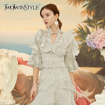 

TWOTWINSTYLE Elegant Ruffle Wave Point Hollow Out Women's Blouse O Neck Half Sleeve Backless Blouses Female 2020 Fashion Clothes