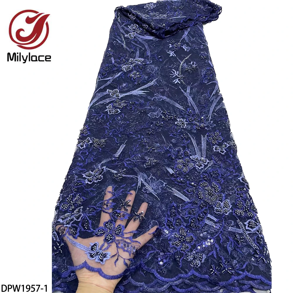 

African Beaded Lace Fabric 2022 High Quality Sequins Lace Material Embroidery Nigerian Lace Fabrics Sewing DPW1957