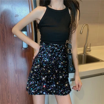 

WERUERUYU Multicolor Glamorous Colorful Sequin Skirts Womens Spring Autumn Nightout Mid Waist Party Bodycon Mini Skirt