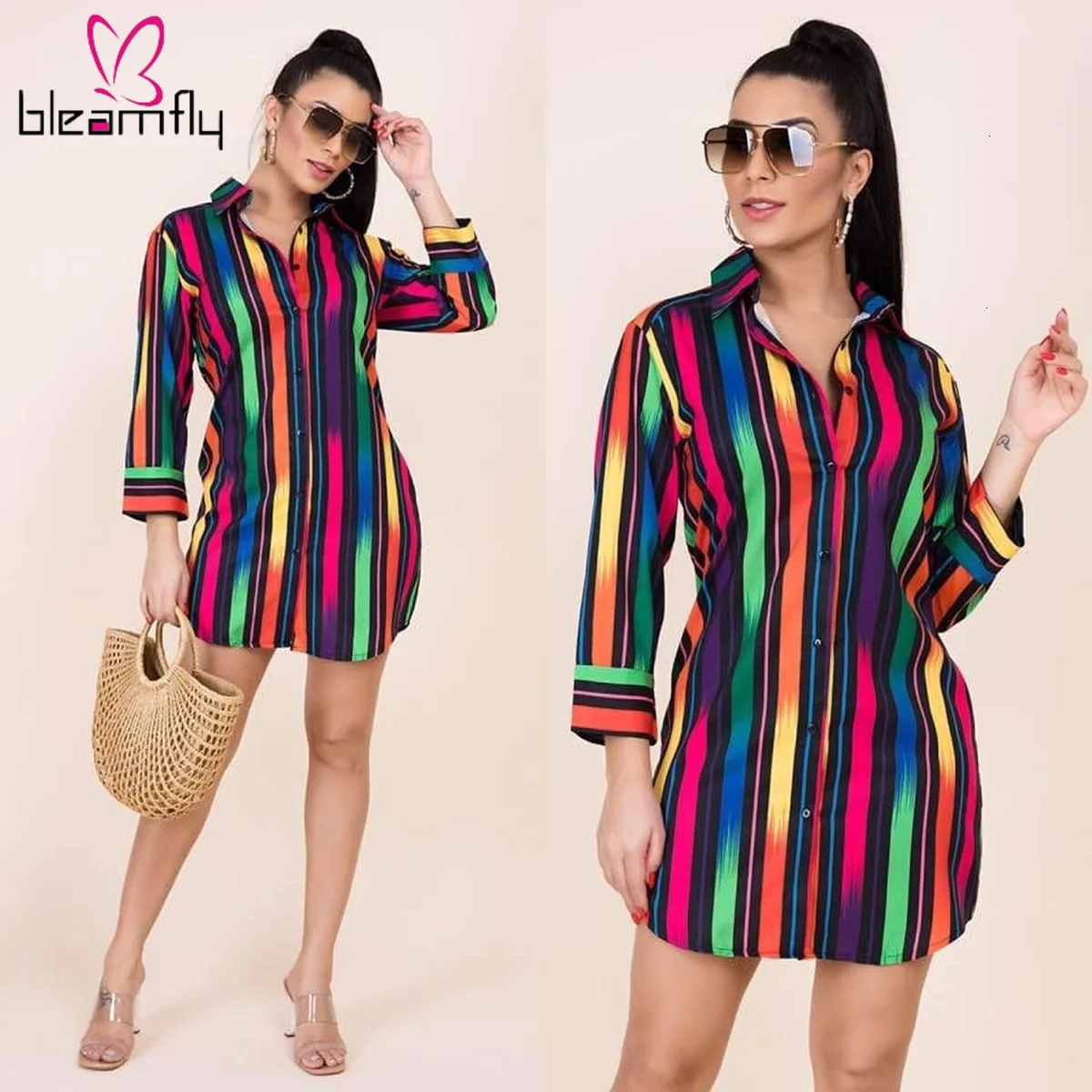 

Colorful Striped Printed Shirt Dress Wrist Sleeve Turn Down Collar Button Mini Blouses Dresses Women Casual Vestidos Autumn Wear