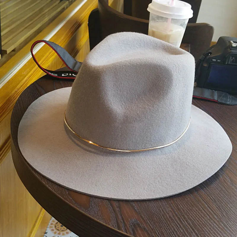 Классическая Женская шерстяная шляпа с широкими полями, Женская фетровая шляпа с золотой проволокой - Цвет: Серый