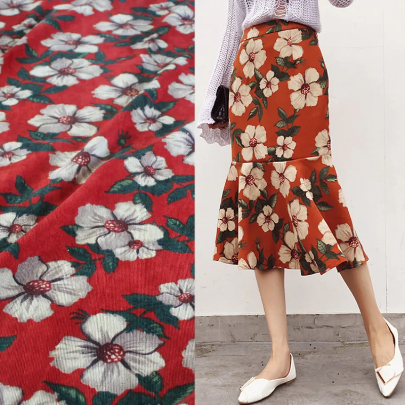 Половина метра осень зима дизайн большой цветочный принт хлопок вельвет ткань для пальто платье брюки одежда материал T932