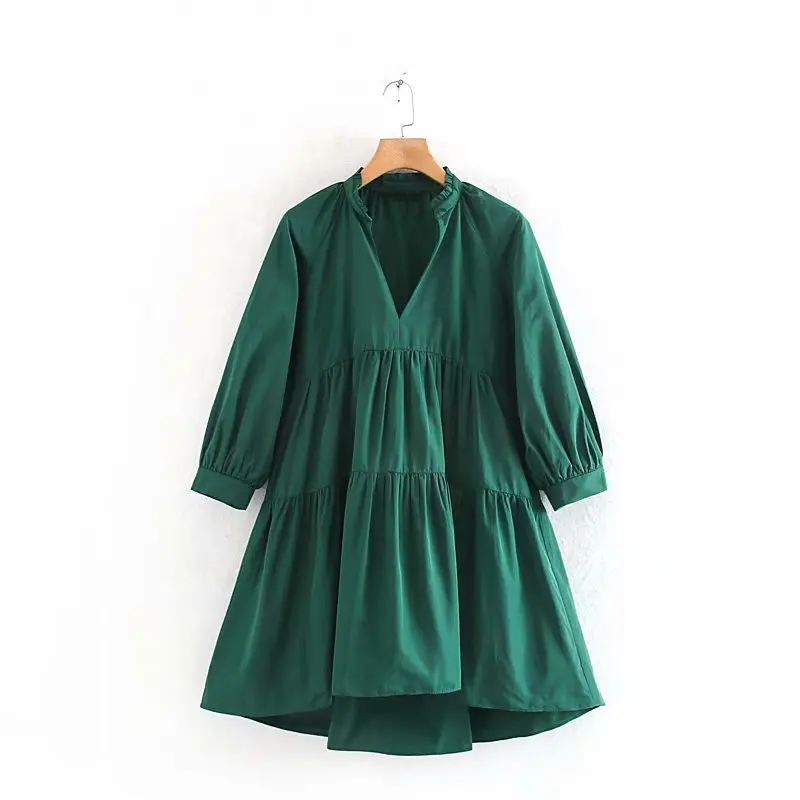 

2020 Women V Neck Solid Color Pleats Casual Loose Vestidos Chic Mini Dress Office Lady Wear Lantern sleeve Mujer Dresses DS3133