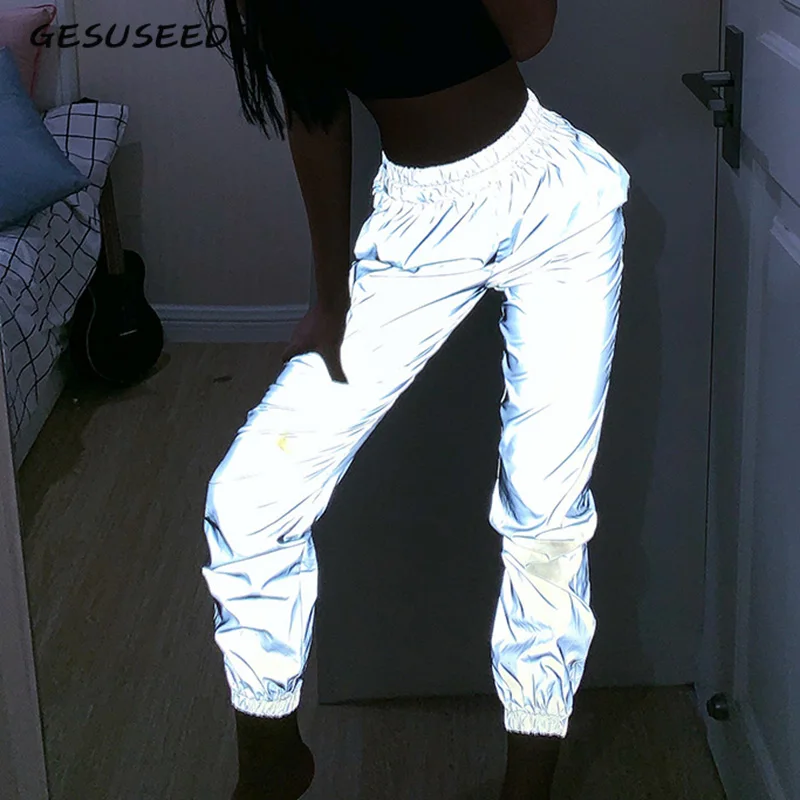 

Grey punk casual trousers women joggers elastic pants sweatpants women reflective pants ladies neon capris Autumn 2019