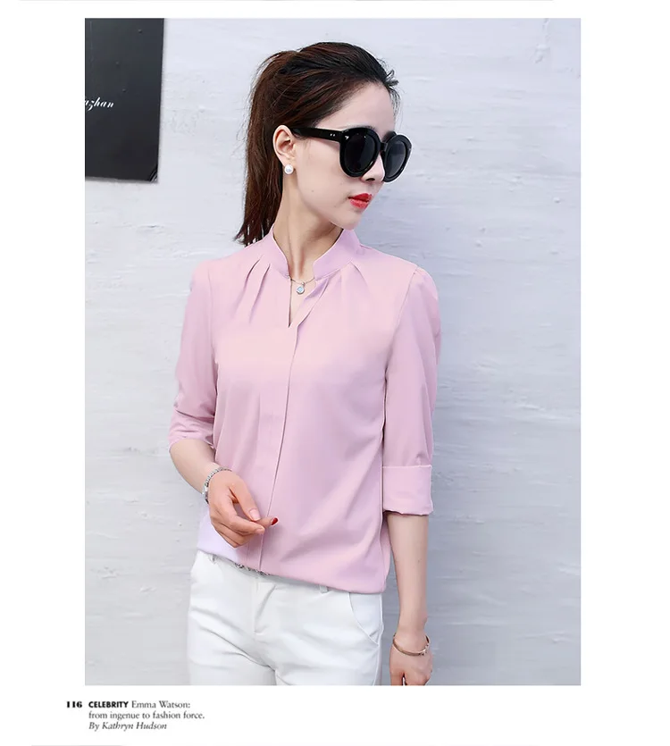 New Spring Autumn Tops Women Slim Pink Shirts Casual Long Sleeve V-Neck Solid Blouse Fashion Womens Chiffon Work Blouses