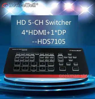 

DeviceWell HDS7105 Mini 4 HDMI 1 DP inputs HD 13K Video Switcher Multi Channel for New Media Live Stream Broadcasts Youtube TV