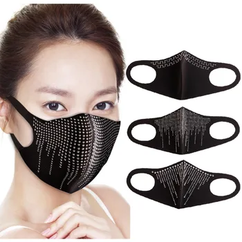 

Adult Ladies Black Masks Washable Sun Flash Diamond Printed Silk Face Mask Fashion Mouth Caps Washable