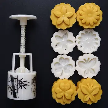 

50g Moon Cake Mold 4pcs 3D Leaf Stamps Barrel Mooncake Hand Pressure Pastry Mould DIY Bakware for Mid-autumn Festival Party