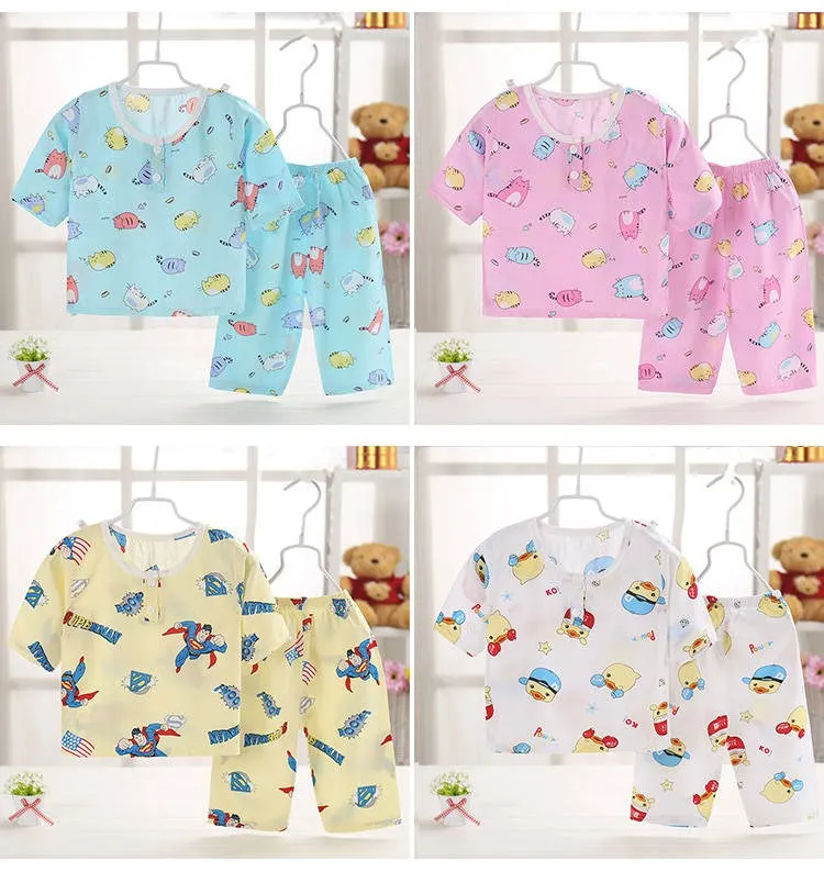 Летние Детские Bourette Pyjamas комплект нижнего белья для детей короткий рукав, из вельвета, для мальчика Детский жакет из денима для девочки; хлопковая Шелковая пижама из искусственного хлопка Кондиционер Hom