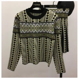 Женский винтажный вязаный свитер, юбки, комплекты с геометрическим принтом, женские трикотажные костюмы - Цвет: Black