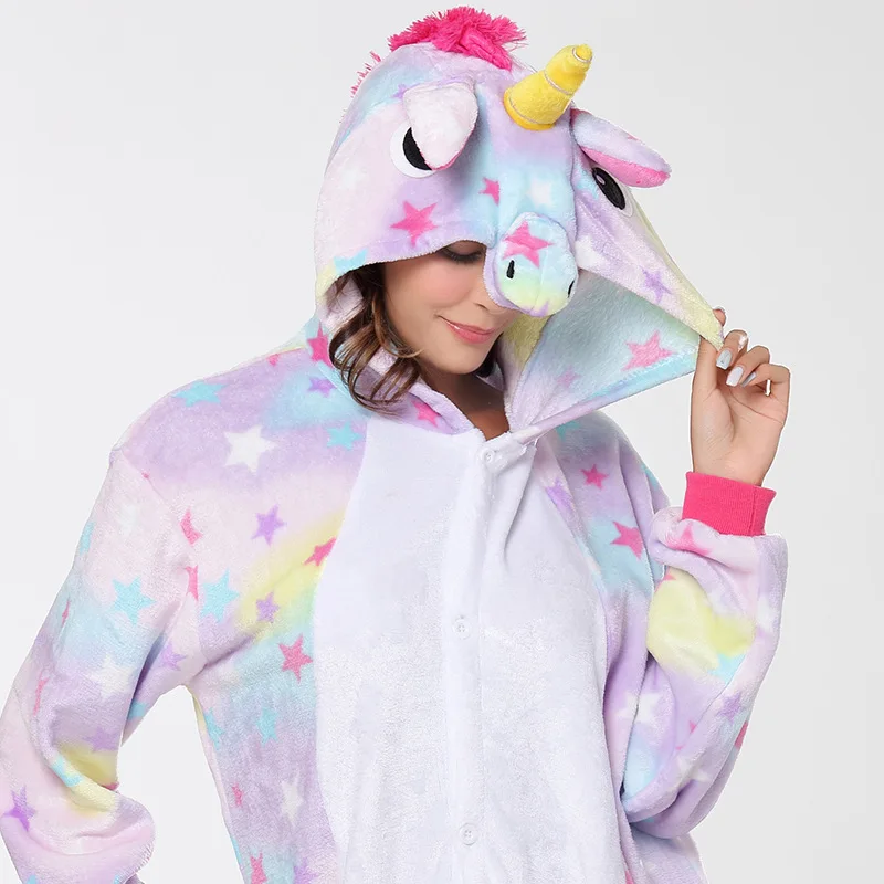 

Women's Sleepwear Onesize Flannel Unicorn Night Wearing Winter Soft Pajamas Catton Animal Pattern Long Sleeve Romper