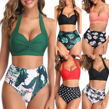 

Vintage High Waist Women Bikini Set Halter Push Up Bikinis Floral Print Swimwear Pad High Quality Swimsuit Summer Bathing Suit