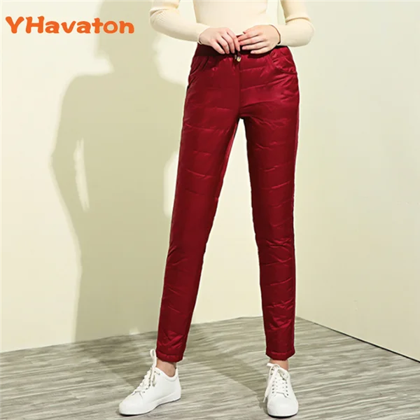Теплые женские брюки с высокой талией, женские брюки на утином пуху, женские зимние брюки, Классические обтягивающие женские брюки больших размеров - Цвет: Red
