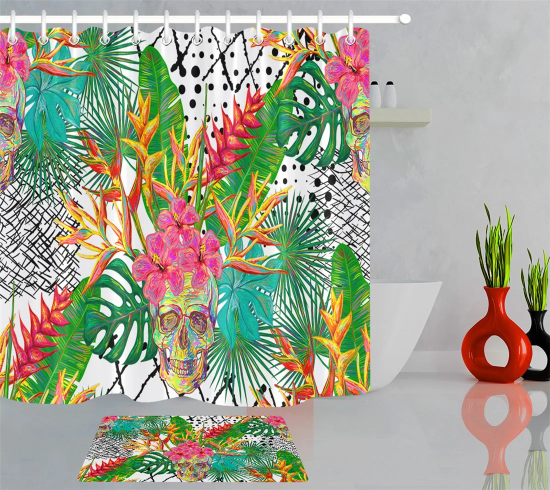 Тропический цветочный лист растение Хэллоуин Череп занавеска для душа Ванная