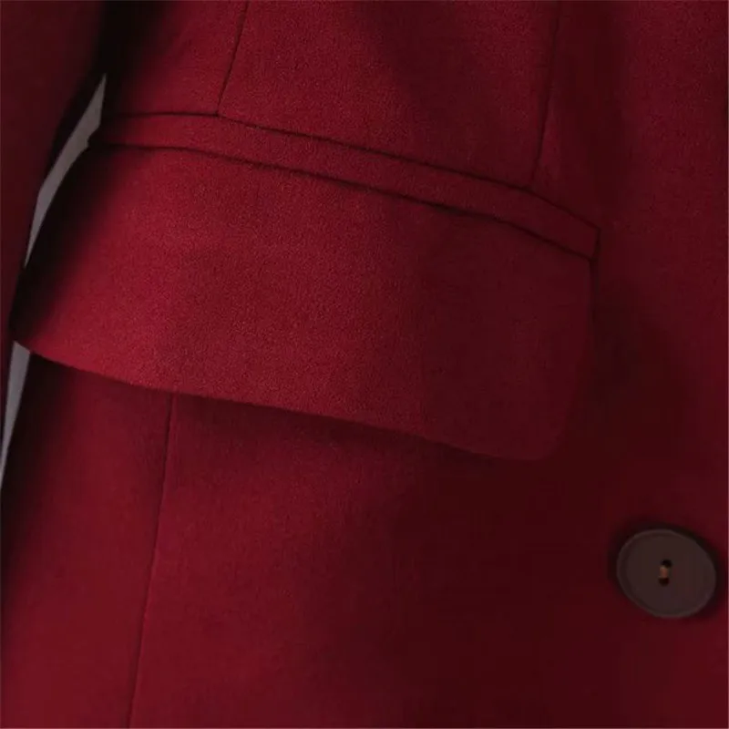 Женский Стильный однотонный двубортный пиджак с длинным рукавом и карманами, осень, Женская офисная одежда, шикарные топы винно-красного цвета