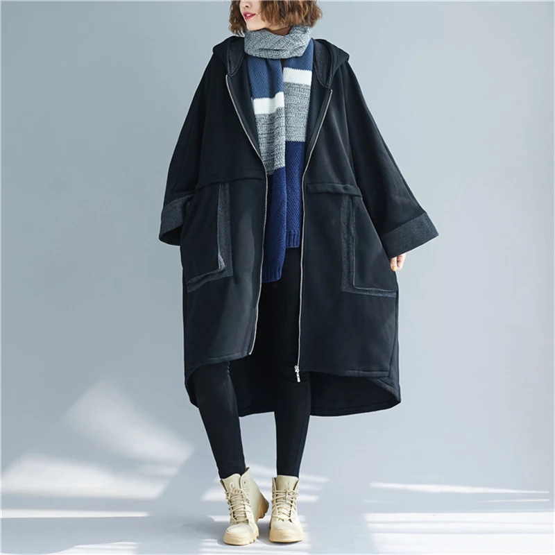 ARCSINX Женская куртка размера d, плюс размер, 4XL, 5XL, 6XL, с капюшоном, флис, длинное пальто, женское, черное, большого размера, пальто и куртки для женщин, 7XL