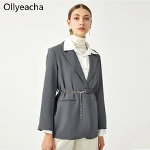 Ollyeacha Women Long Sleeve Single Breasted Chain Design Blazer Suit Gray Elegant Short Coat Fashionable Jacket Manteau Blazer