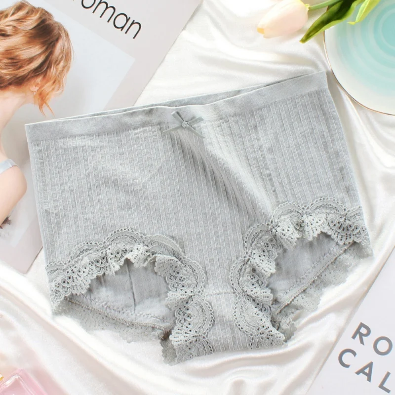 Mid Waist Knitting Thread Panties Breathable Cotton Briefs Lace Female Underwear Seamless Comfort Panty One Size Wholesale