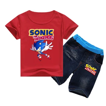 

Supersonic sonic T Shirt Outfits Cotton Boys Girls Summer T-shirts Short Sleeve Sportswear Denim shorts Suit 2PCs Costume