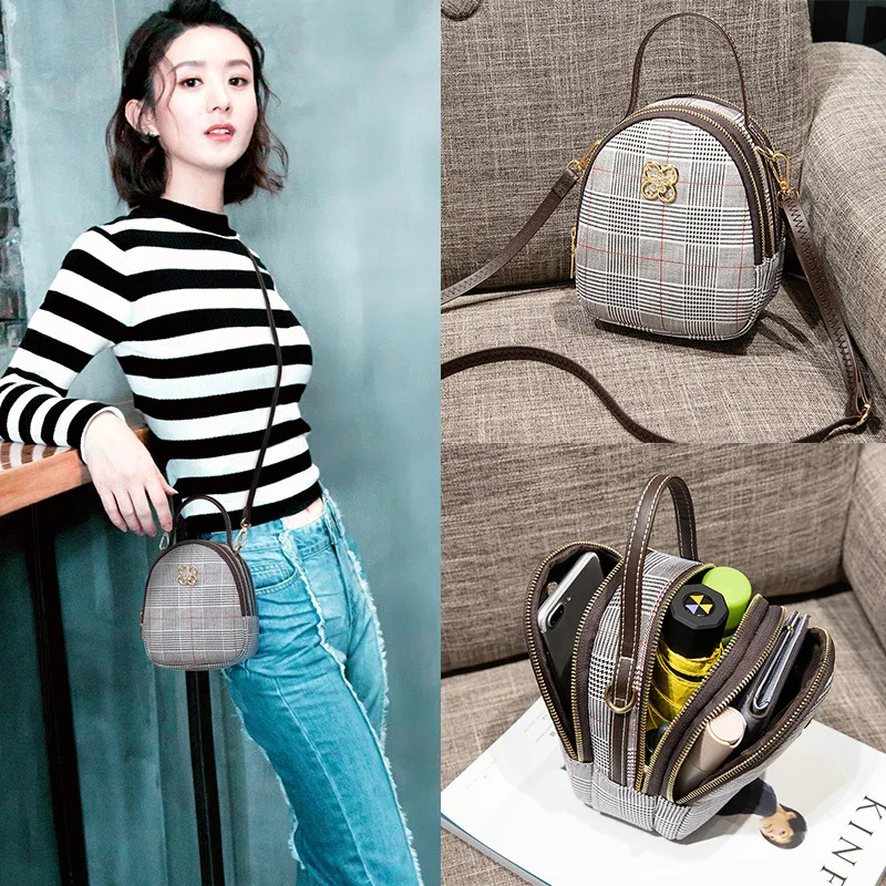 

Mobile Phone Bag Lady Oblique Small Bag Mini-2019 Fashionable Multi-layered Canvas Plaid Korean Version Purses and Handbags