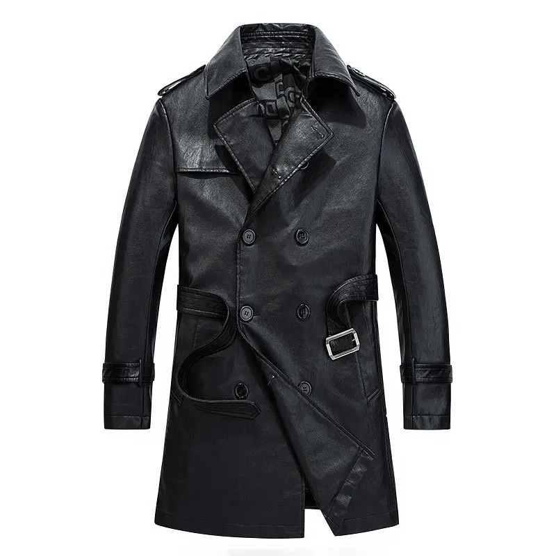 3XL мужское черное хаки кофейное Красное длинное пальто из искусственной кожи ветровка двубортные мужские пальто с поясом D48