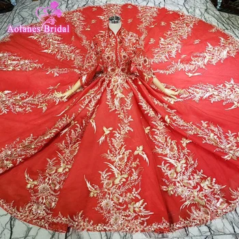 شراءأحمر كم طويل فستان الزفاف الذهب الدانتيل ذيل طويل فساتين الزفاف 2019 الأميرة عالية الرقبة الفاخرة مسلم الزفاف زي العرائس