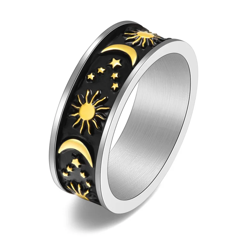 

AsJerlya 2021 8mm Stainless Steel Sun Moon Stars Rings For Women Men Couples Rings Lovers New Fashion Jewelry Creativity Gifts