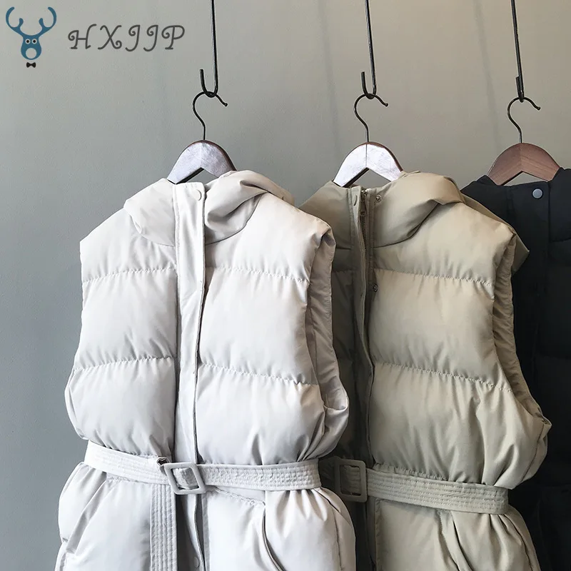 HXJJP Women Vest Winter Jacket Pocket Hooded Coat Warm Casual Cotton Padded Vest Female Slim Sleeveless Waistcoat Belt In Stock