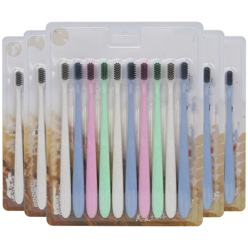 

10pcs/set Portable Travel Toothbrush Soft Bamboo Charcoal Wheat Stalk Handle Oral Care Nano-antibacterial Family Set Toothbrush
