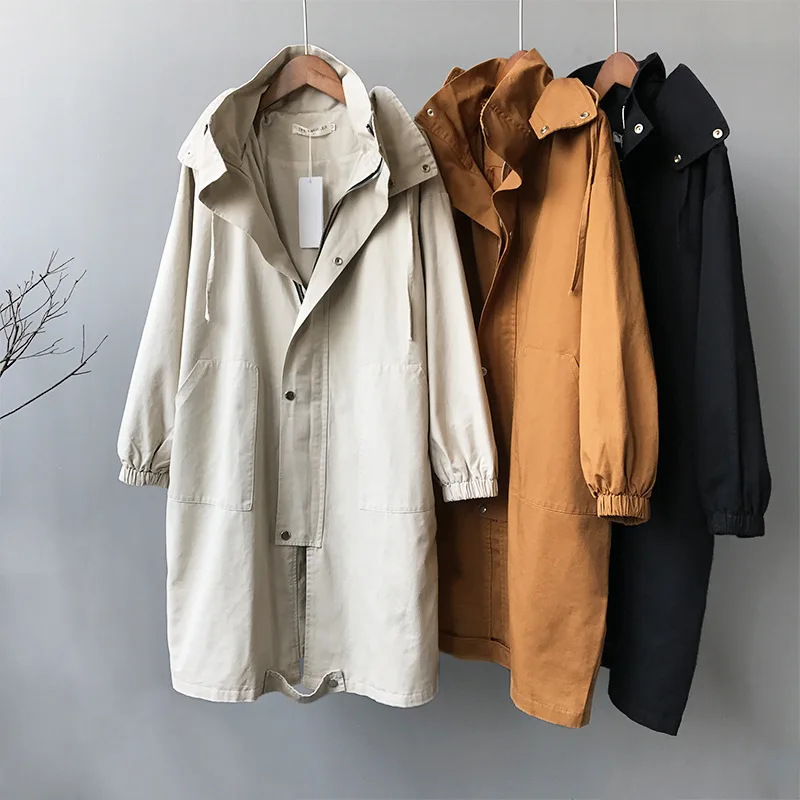 2020 Spring Women Trench Coat Streetwear Hooded Zipper Cotton Long Coats 3 Colors Desigual Womens Korean Autumn Clothes