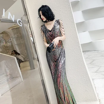 

Women Sequined Evening Party Dress Female Backless Tight Cheongsam Vestidso Tassel Sleeve Mermaid Novelty Qipao BIG SIZE 3XL
