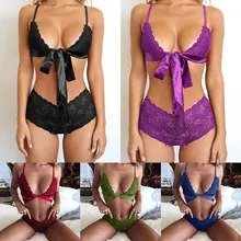 Ensemble de Lingerie en dentelle pour femmes, soutien-gorge Push Up, nœud noué, couleur unie, Sexy