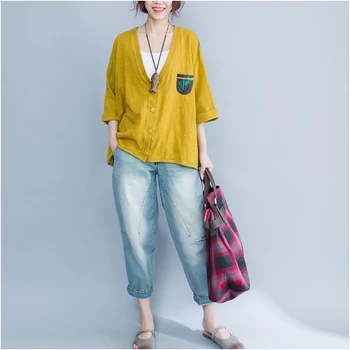 

Summer New Arts Style Women Batwing Sleeve Cotton Loose Cardigan Back Cartoon Print V-neck Coat Casual Oversized Cardigan S667