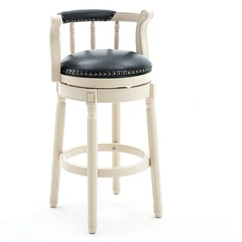 

American Solid Wood Bar Chair European Back High Stool Light Luxury Vintage Leather Rotating Bar High Chair Household