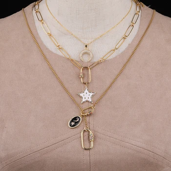 

3Pcs/Lot Gold Color Oval Lock Clasps Pendant Metal Chains Necklace,Moon Stars Enamel Pendant Gold Chains Necklace Long 18 Inch