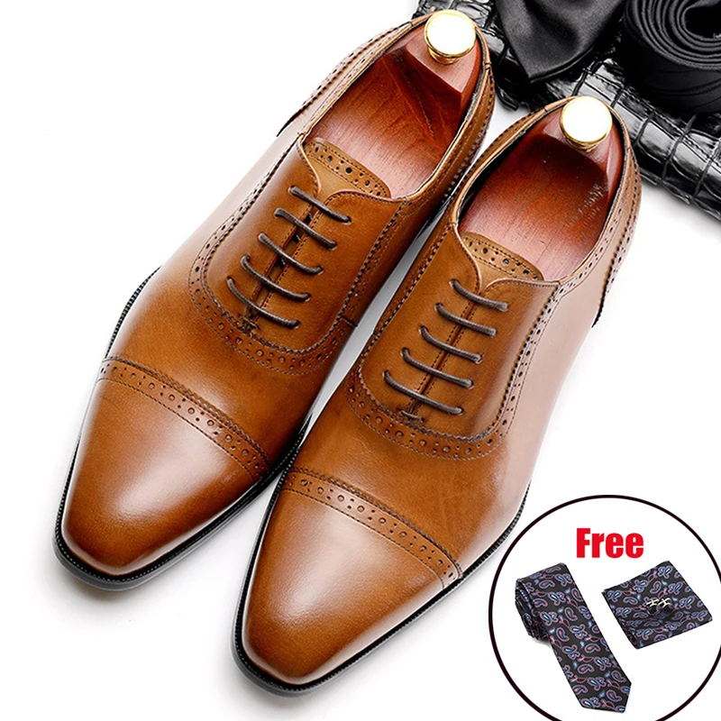 Phenkang Men Genuine Leather Shoes Man Business Dress Classic Style Coffee Black Lace Up Pointed Toe Shoes For Men Oxford